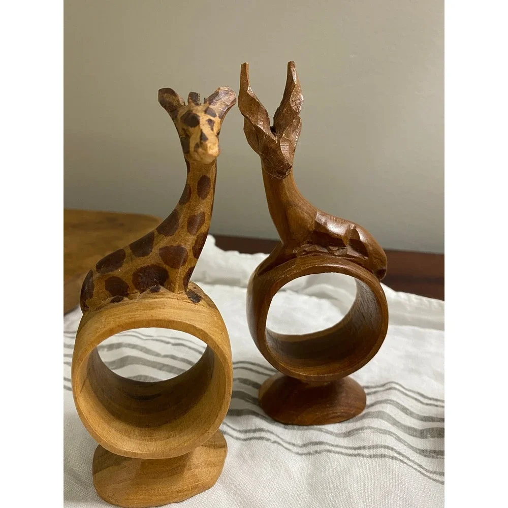 Vintage Kenya Hand Carved Wood Africa Animal Napkin Rings 4 Giraffe Lion Gazelle